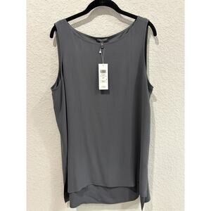 Eileen Fisher Silk Georgette Crepe Tank Top Gray Bateau Neck Sleeveless Womens L